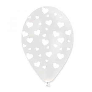 100 Palloncini in Lattice All Around 12" Trasparenti - Cuori Bianchi