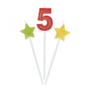 3 Candeline Picks 16 cm Sweety Stars Glitter Numero 5