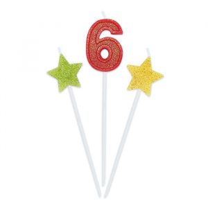3 Candeline Picks 16 cm Sweety Stars Glitter Numero 6