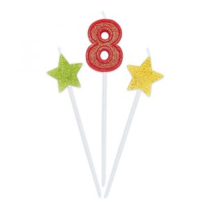 3 Candeline Picks 16 cm Sweety Stars Glitter Numero 8